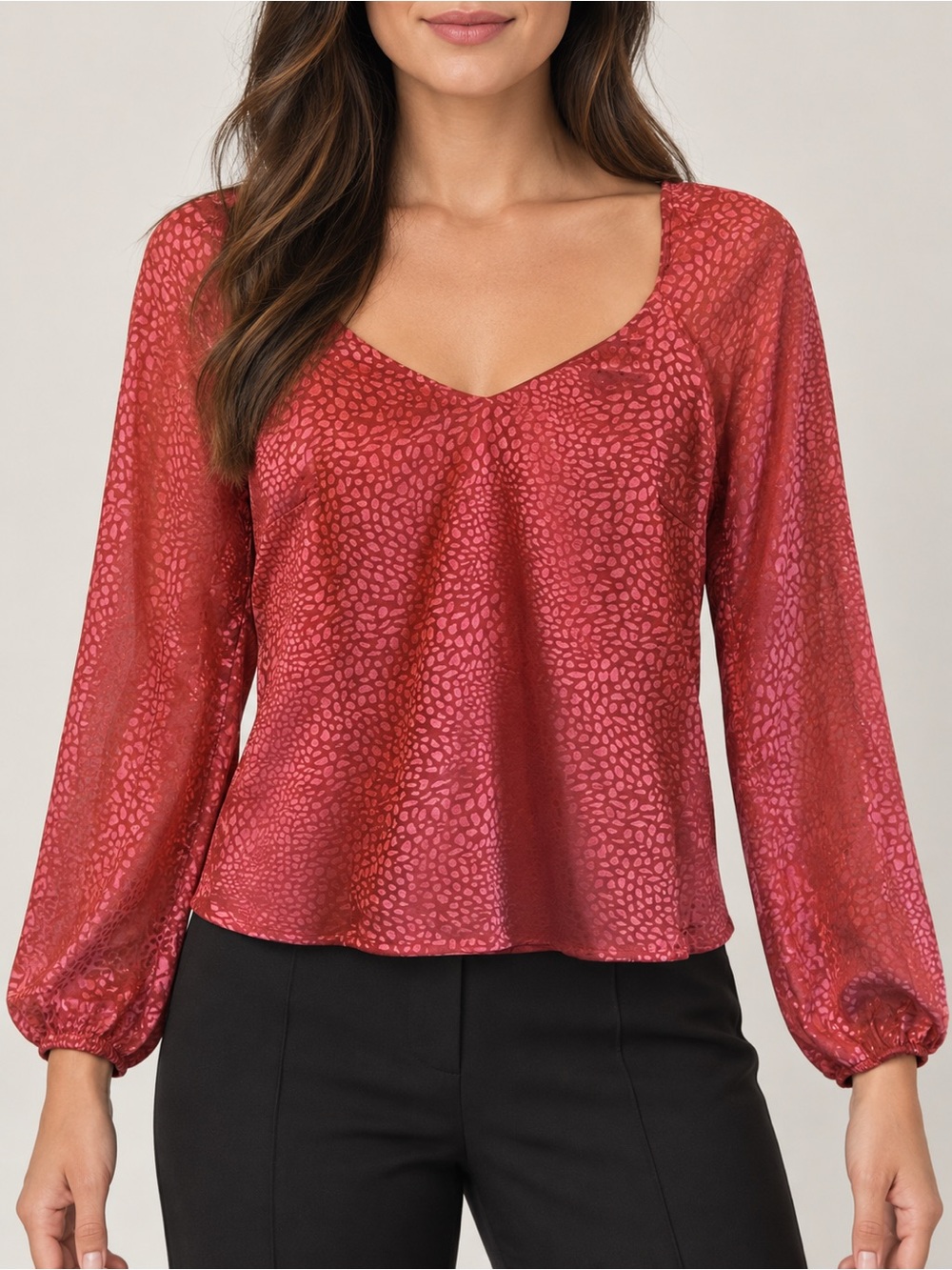White House Black Market Red Scoop-Neck Blouse with Subtle Animal Texture